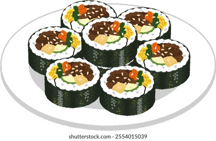 Korean food illustration. Gimbap is a Korean seaweed roll made of rice seasoned with sesame oil and salt and other ingredients wrapped in seaweed.