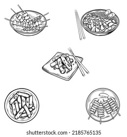 Korean Food Illustration Handgezeichnet Sketch. Koreanisches Menü auf der Straße. Tteokbokki, Rabokki, Eomuk , Zwölffingerdarm g.