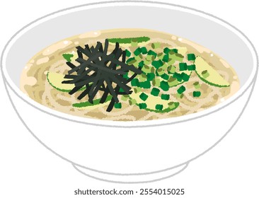 Korean food illustration. Kalguksu is a Korean hot noodle dish made with handmade noodles.