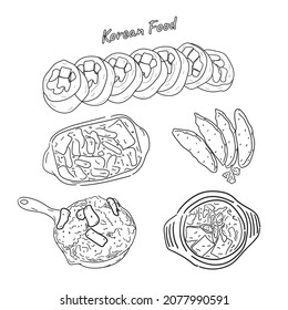 Korean food illustration, kimchi soup, rice ball, fried chicken, isolated background, vector