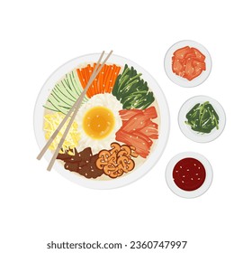 Korean Food Illustration Logo Spicy Bimbimbap With Additional Side Dishes