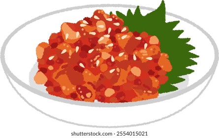 Korean food illustration. Spicy Cod Innards is a Korean delicacy made from salted cod innards and seasoned with chili pepper, garlic, gochujang, and sesame oil.