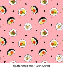 Korean food. Kimbap, also known as gimbap. Seamless vector pattern for asian cafe, restaurant. Design for fashion , fabric, textile, wallpaper, cover. Vector illustration.