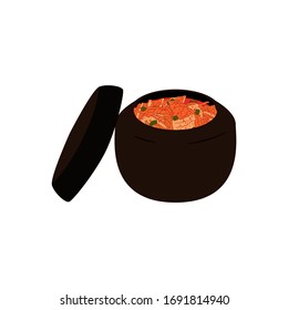 Korean food Kimchi in onggi or earthenware jar isolated on white background. Traditional Korean side dish of salted and fermented vegetables. Hand drawn vector illustration. Great for icon, menu. 