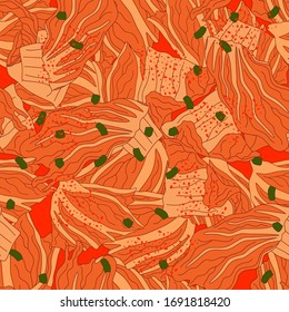 Korean food Kimchi seamless pattern background. Traditional Korean side dish of salted and fermented vegetables. Hand drawn vector illustration. Great for menu, wallpaper, card, fabric design.