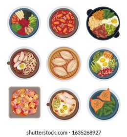 Korean Food Layouts Top View Vector Illustrations Set