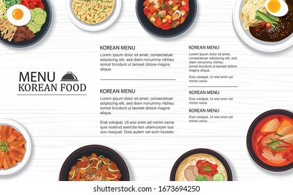 Korean food menu restaurant on a white wooden table top template background. Use for poster, print, flyer, brochure.