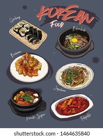 Korean food menu restaurant. Korean food sketch menu. Asian food background. Asian food poster. Set of dishes: bibimbap,gimbap, tteok-bokki, kimchi jjigae, bossam, japchae, . Vector illustration