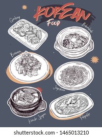 Korean food menu restaurant. Korean food sketch menu. Asian food background. Asian food poster. Set of dishes: bibimbap,gimbap, tteok-bokki, kimchi jjigae, bossam, japchae, . Vector illustration.