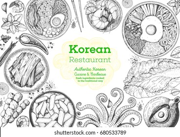 Korean food menu restaurant. Korean food sketch menu. Asian food background. Asian food poster. Set of dishes: bibimbap, kimchi, tteok-bokki, ramen. Vector illustration.