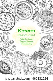 Korean food menu restaurant. Korean food sketch menu. Asian food background. Asian food poster. Set of dishes: bibimbap, kimchi, tteok-bokki, ramen. Vector illustration