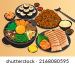 Korean food menu set collection. (Bibimbap, Bulgogi, Bo-ssam, Kimbap and Kimchi) Asian foods menu set close Up illustration vector. Korean mixed rice with meat with boiled pork wrap and seaweed roll.