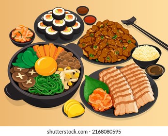 Korean food menu set collection. (Bibimbap, Bulgogi, Bo-ssam, Kimbap and Kimchi) Asian foods menu set close Up illustration vector. Korean mixed rice with meat with boiled pork wrap and seaweed roll.