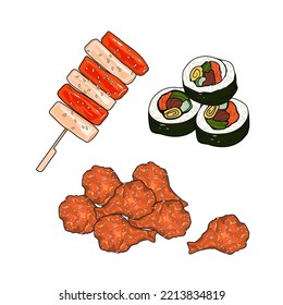 Korean food menu vector illustration white background  Sotteok grilled  spicy chicken   kimbap without plate  Hand drawing food  anime style  popular asian street food  