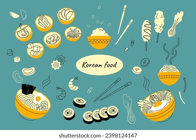 Korean food minimal flat vector illustration set. Traditional dishes design elements collection - ramen, bibimbap, rice, noodles, kimchi, street and pickled snacks.