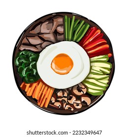 Korean food, Mixed Rice Bibimbab on white background. Illustration for restaurant menu. Top view. Vector illustration.