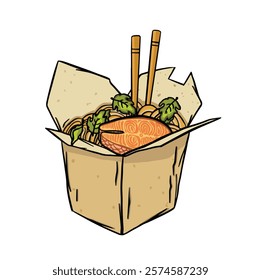 korean food, noodles with fish and greens, vector