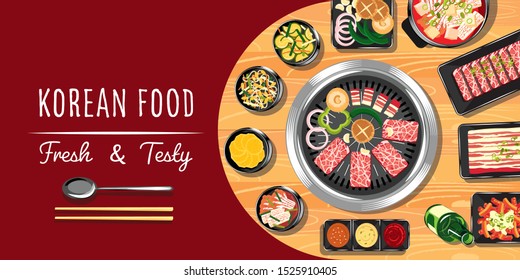 korean food on a wooden table background, delicious korean BBQ grill with all small side dishes set, traditional korean food, gift voucher asian food template design
