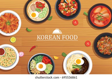 korean food on a wooden table background. Vector illustration top view.