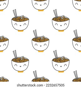 Korean food pattern. Pattern bowls japanese cute noodlles. Vector background, wrapping paper, fabric in cartoon style