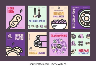 Korean Food Placard Poster Invitation Banner Card Set with Thin Line Elements. Vector illustration