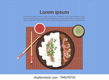 Korean Food Plate With Rice And Spicy Sauces Asian Thai Dishes Top Angle View Template Background Flat Vector Illustration