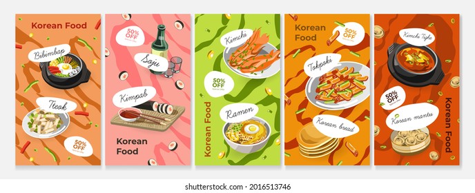 Korean food at restaurant promo story, vector illustration. Asian cuisine design with bibimbap, tteok, kimbap and soju drink. Menu set with kimchi, ramen, tokpoki, korean bread and mantu.