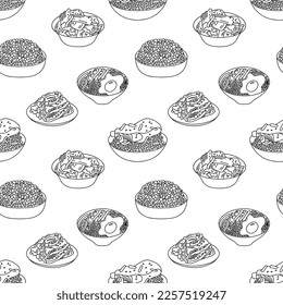 Korean food seamless pattern. Bibimbap, kimchi, kalbi, bulgogi. Korean food cooking. Vector illustration for menu, packaging design.