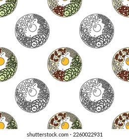 Korean food seamless pattern with bibimbap. Vector illustration for menu, packaging design.