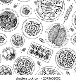 Korean food seamless pattern. Ramen, noodles, kimchi, bbq. Korean food cooking. Vector illustration. Hand drawn sketch. Menu design template. Packaging background.