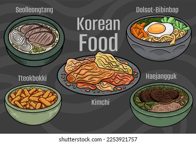 Korean food. A set of classic dishes. Cartoon hand drawn illustration.