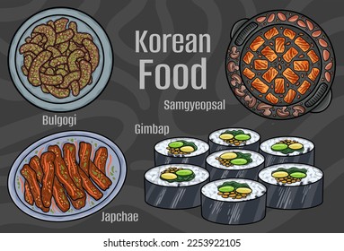 Korean food. A set of classic dishes. Cartoon hand drawn illustration.