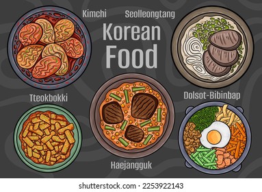 Korean food. A set of classic dishes. Cartoon hand drawn illustration.