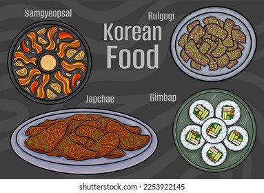 Korean food. A set of classic dishes. Cartoon hand drawn illustration.