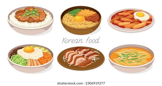 Korean food set. Collection of noodles and soups, rice with meat and fish. Asian traditional cuisine. Ramyeon, Naengmyeon and japchae. Cartoon flat vector illustrations isolated on white background