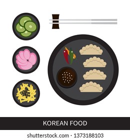 Korean food set design with dumplings, pickled cucumbers and ginger, omelette, soy sauce, and chopsticks. Flat style, Vector illustration.