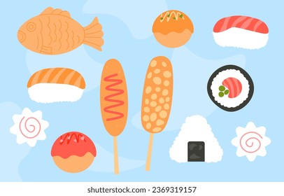 Korean food set. Fish and seafood with rice. Rolls and sushi. Menu of traditional asian restaurant and cafe. Japanese eating. Cartoon flat vector collection isolated on blue background