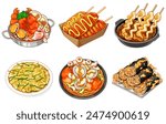 Korean food set menu illustration vector. Seafood Hot Pot (Haemul Jeongol) Korean seafood noodle (Jjamppong)  Gimmari Crispy fried seaweed rolls. Corndog sausage.  Pajeon pancake. Odeng fish cake.