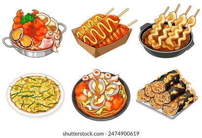 Vector de ilustración de menú de comida coreana. Marisco Hot Pot (Haemul Jeongol) Fideos coreanos de marisco (Jamppong) Gimmari Crujiente frito rollos de algas. Salchicha de maizorca.  Panqueque Pajeon. Odeng pastel de pescado.