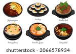 Korean food set menu isolated on white background illustration vector. (Kimbap, Jajangmyeon, Sundae Guk, Samgyetang, Kimchi Jjigae and Seonji Guk)
