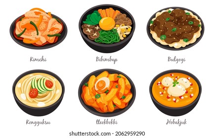 Koreanisches Menü mit Essensauswahl einzeln auf weißem Hintergrund, Vektorgrafik. (Kimchi, Bibimbap, Bulgogi, Kongguksu, Tteokbokki und Hobakjuk)