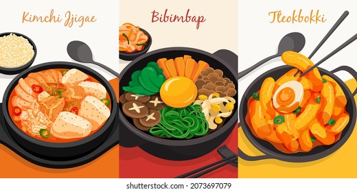 Koreanisches Menü mit Essensauswahl, einzelne Vektorgrafik. (Kimchi Jjigae, Bibimbap und Tteokbokki)