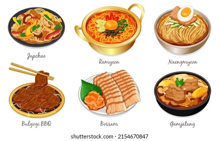 Korean food set menu isolated on white background illustration vector. (Japchae, Ramyeon, Naengmyeon, Bulgogi BBQ, Bossam and Gamjatang)