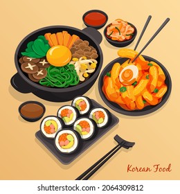 Koreanisches Menü auf hellbraunem Hintergrund, Vektorgrafik. (Bibimbap, tteokbokki und Kimbap)