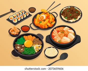 Korean food set menu on wood background illustration vector. (Kimbap, Tteokbokki, Bulgogi, Bibimbap, Kimchi Jjigae and Topping (Kimchi, Sauce and Rice))