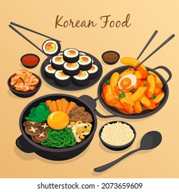 Korean food set menu on wood background illustration vector. (Kimbap, Tteokbokki, Bibimbap, Kimchi, Sauce and Rice)