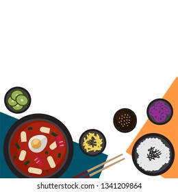 Korean food set on the table concept. Template for wallpaper, banner, web design, layout, advertising and decorations. Top view flat style vector illustration. 