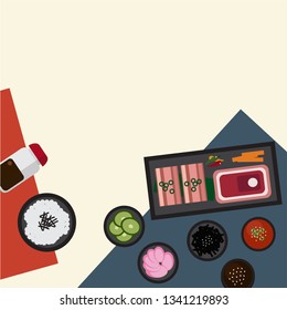 Korean food set on the table concept. Template for wallpaper, banner, web design, layout, advertising and decorations. Top view flat style vector illustration. 