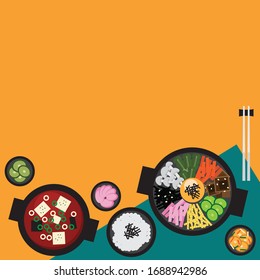 Korean food set on the table concept. Template for wallpaper, banner, web design, layout, advertising and decorations. Top view flat style vector illustration.