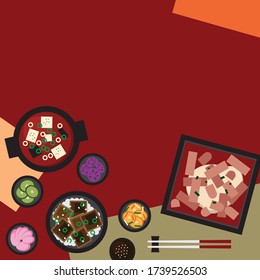 Korean food set on the table concept. Template for wallpaper, banner, web design, layout, advertising and decorations. Top view flat style vector illustration.